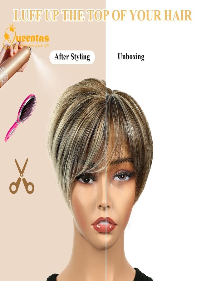 QUEENTAS Short Wigs for White Women Bob Brown Pixie Cut Wig Realistic Synthetic Brunette Wig with Bangs for Daily(Brown Mixed Blonde) - Image 4